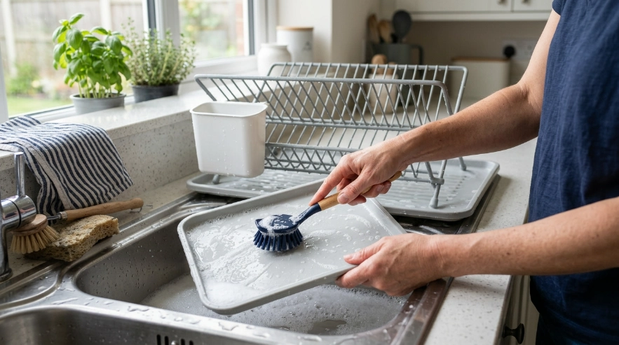 Plates upright, bowls angled, cups inverted, utensils separated, and pan secured in dish rack