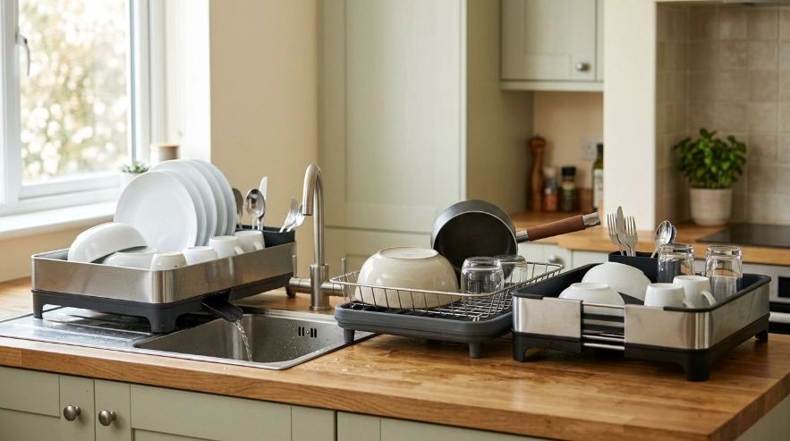 Heavy dishes on a lower shelf, everyday plates in the middle, and lightweight cups above