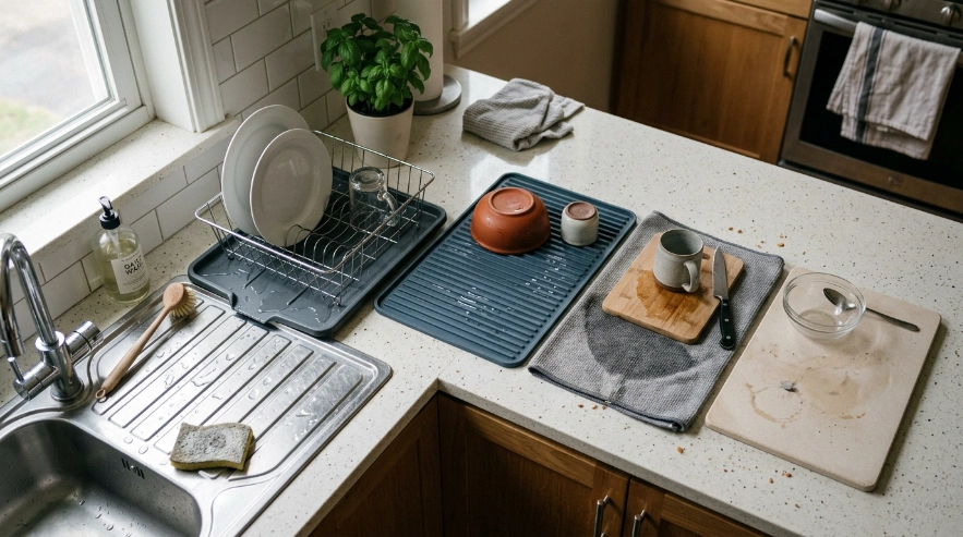 Drain tray, silicone, microfiber, stone mat and sink drain board compared under dish racks