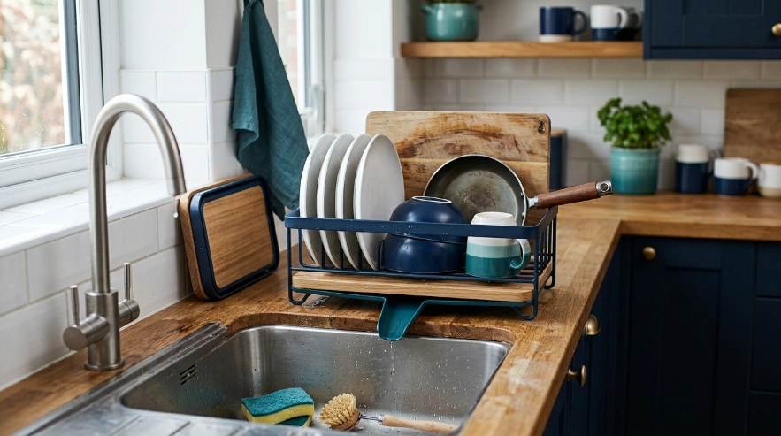 Countertop dish rack with drainage spout beside sink in a compact modern kitchen