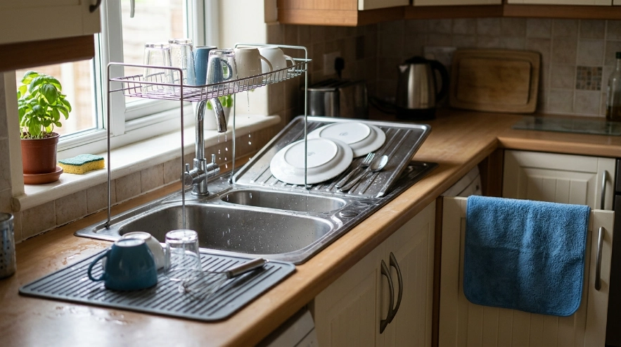 Silicone mat, drainboard, microfiber mat, towel and over-sink rack beside a kitchen sink.