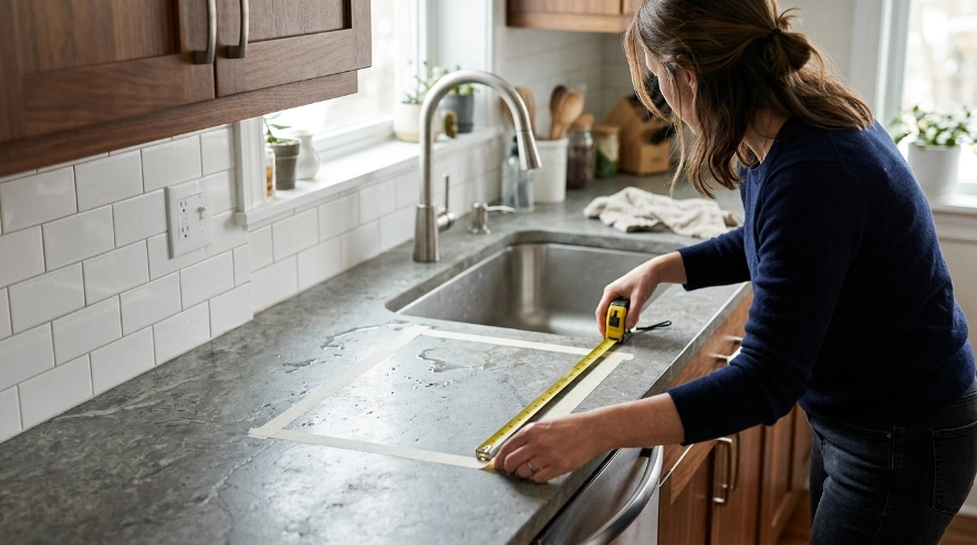 Measuring kitchen counter width and depth to determine what dish rack is best for the available sink area
