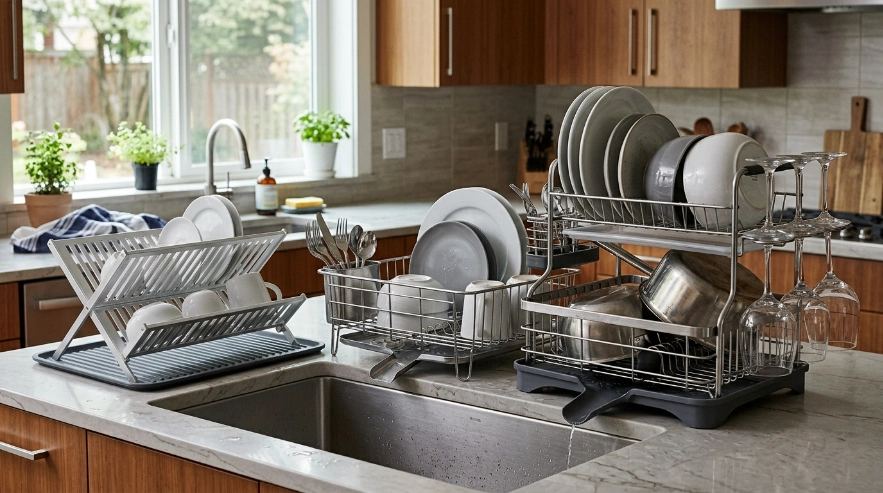 Three 2026 dish rack styles compared: fold-flat aluminum, expandable steel, and premium steel-frame design