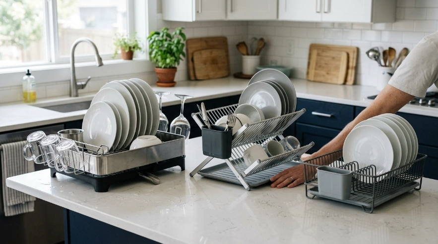 Three dish rack styles compared for capacity, footprint, drainage, and fold-flat storage.
