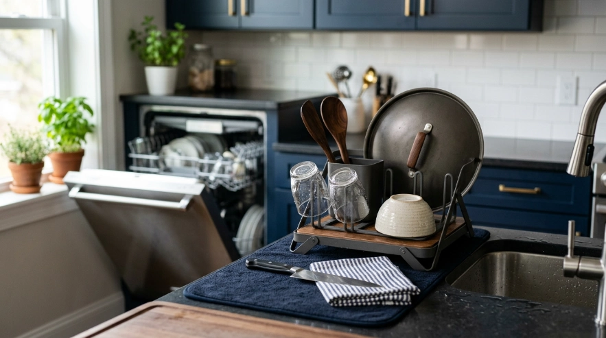 Compact dish rack beside a dishwasher holding glasses, wooden tools, bowl, and cookware lid.