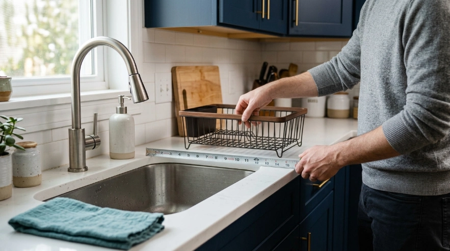 Measuring countertop space beside a sink before choosing the best dish rack for a kitchen.