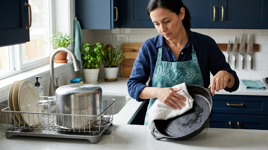 Home cook towel-drying cast iron while a heavy pot drains securely on a sturdy dish rack.