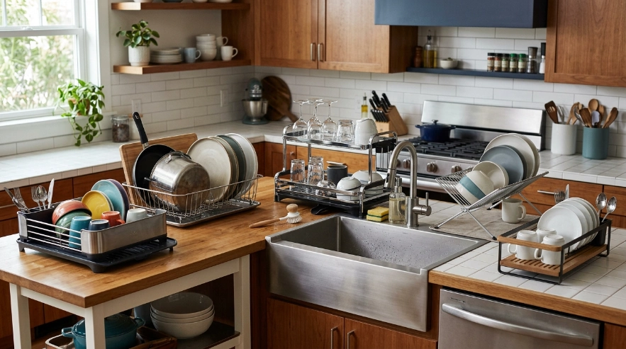 Five dish drying rack styles compared for large loads, compact storage, drainage, and modern kitchen use.