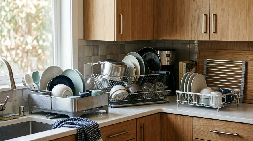 Three dish rack setups showing expandable everyday use, large-load capacity, and fold-flat small-kitchen storage.