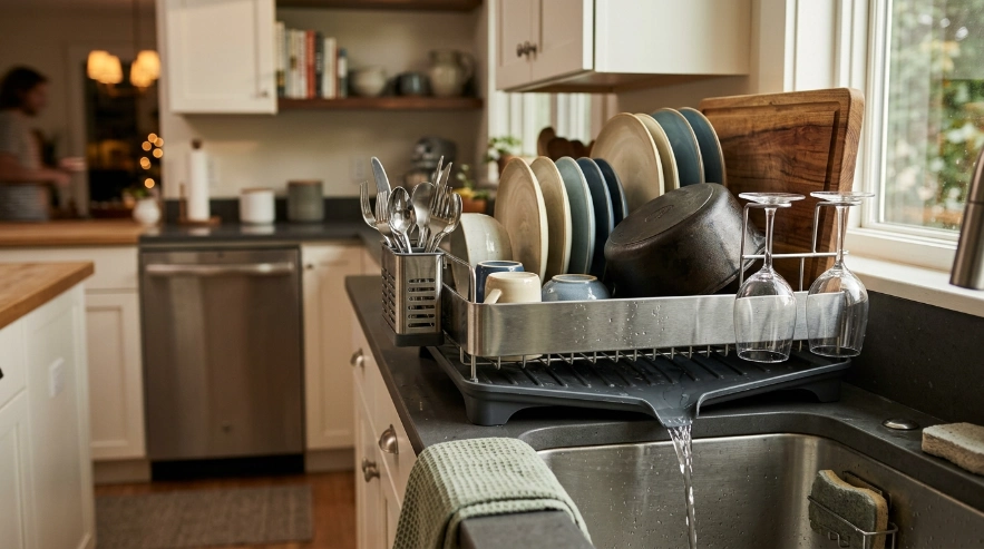 Premium steel dish rack drying daily dishes, cookware, stemware, and utensils beside a kitchen sink.