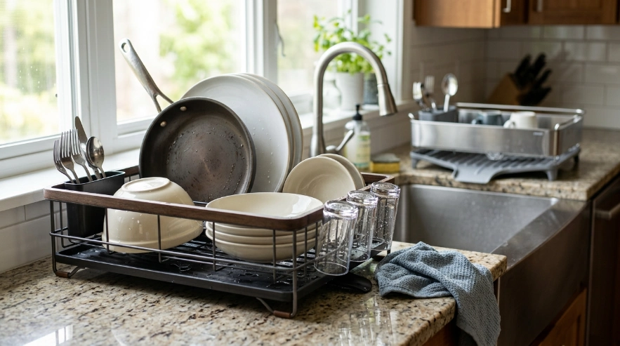 Large dish rack holding skillet, bowls, plates and glasses beside a kitchen sink