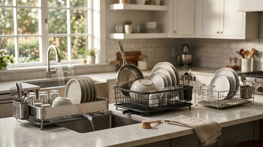 Three dish drying rack styles representing overall, large-load and durability picks