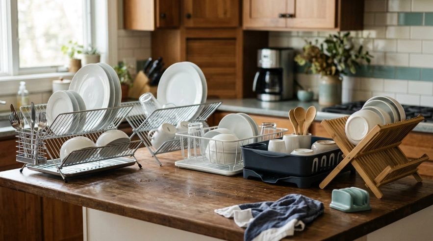 Five dish rack materials compared: stainless steel, aluminum, coated steel, plastic, and bamboo.
