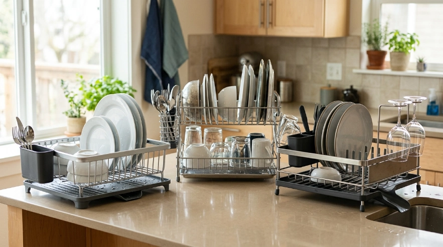 Three quality dish rack styles compared for everyday use, larger loads, and premium drainage.
