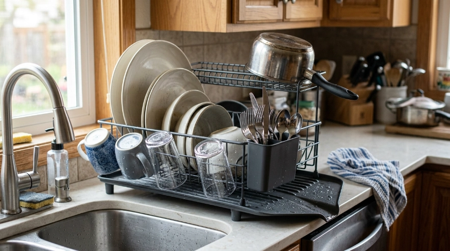 KitchenAid-style rack showing which dish rack is of good quality for everyday family kitchen use.