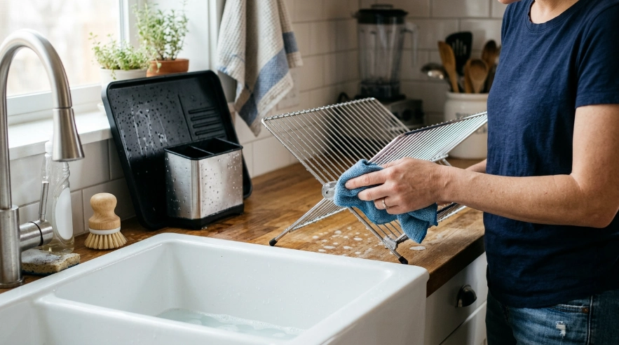 leaning steps show how to maintain which dish rack is of good quality and reduce residue buildup.