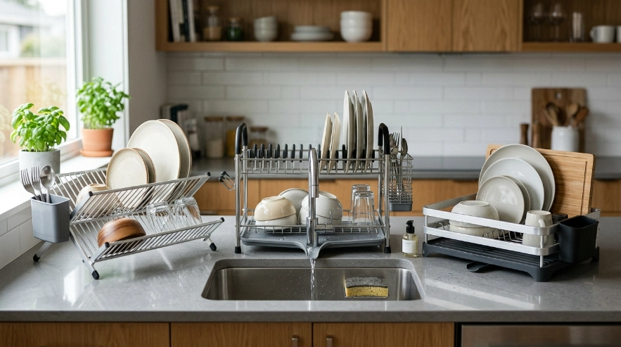 Dish rack with drainage tray, spaced plates, utensil cup, stable feet, and removable parts.