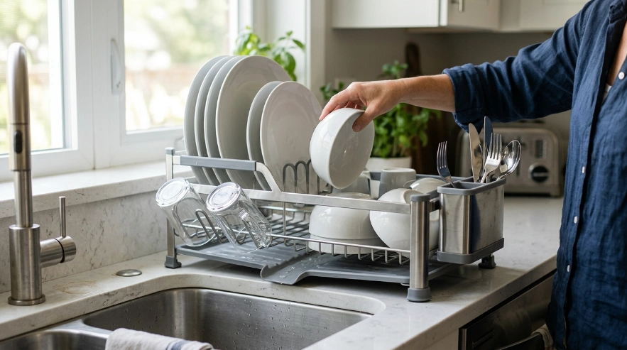 Three dish rack styles compared for fold-flat storage, direct drainage, and flexible open-center capacity.