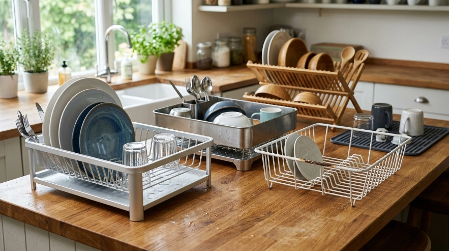 Aluminum, 304 stainless steel, coated steel, plastic, and bamboo dish racks compared in a kitchen.