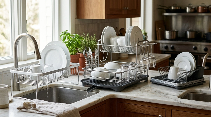 Over-sink aluminum, premium steel-frame, and fold-flat dish racks shown in a modern kitchen.