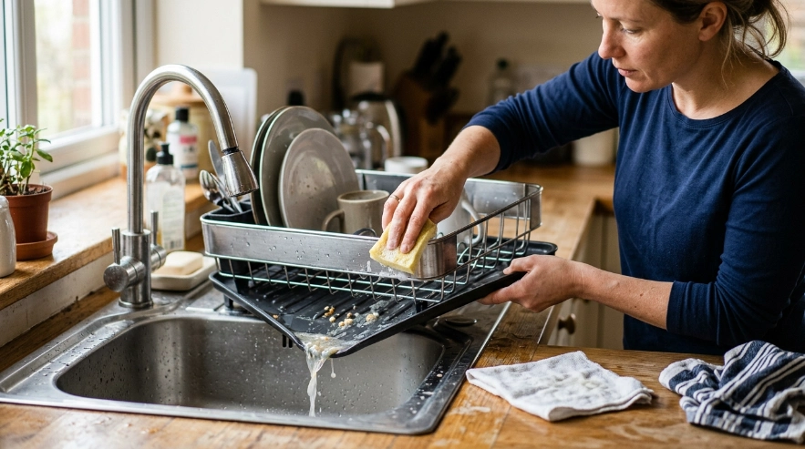 Brushed stainless steel dish rack beside a sink showing clean welds and corrosion-resistant construction.