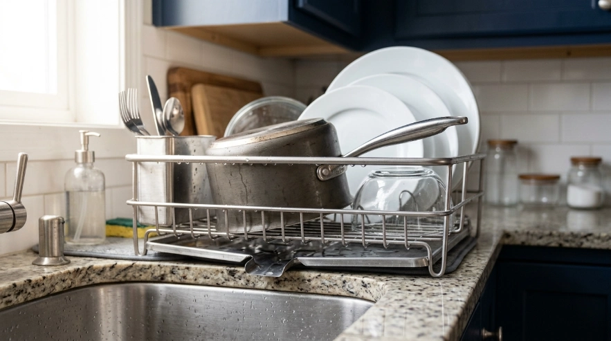 Person cleaning and drying a stainless dish rack with a soft sponge to help prevent rust.
