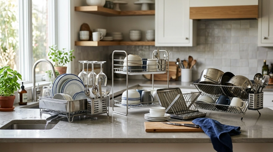 Four stainless steel dish rack designs compared by size, drainage, construction, and kitchen use