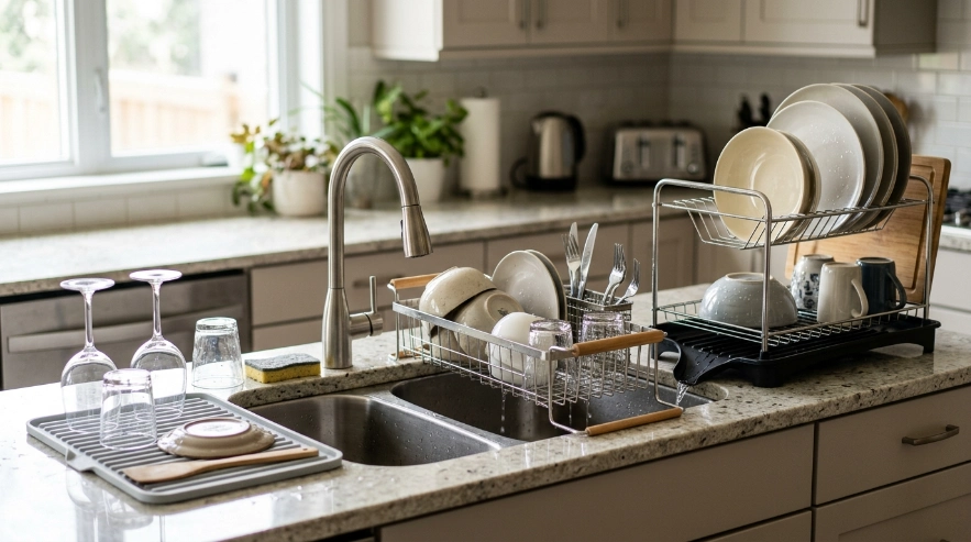 Three hygienic dish drainer designs showing over-sink, sloped drainboard, and compact tray styles
