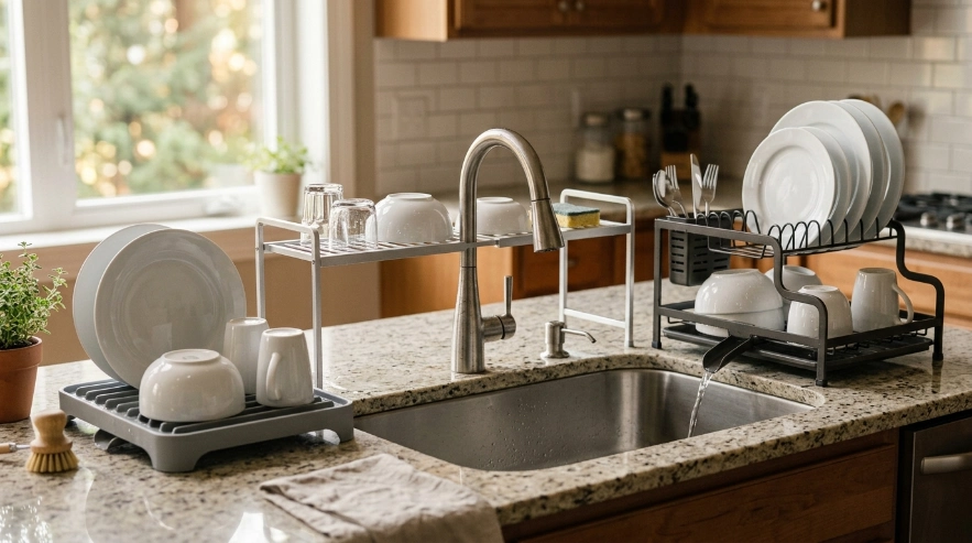 Three hygienic dish drainer styles showing direct drainage, easy cleaning, and over-sink use