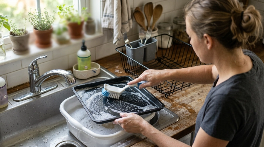 Person scrubbing removable dish rack parts beside a sink with warm soapy water