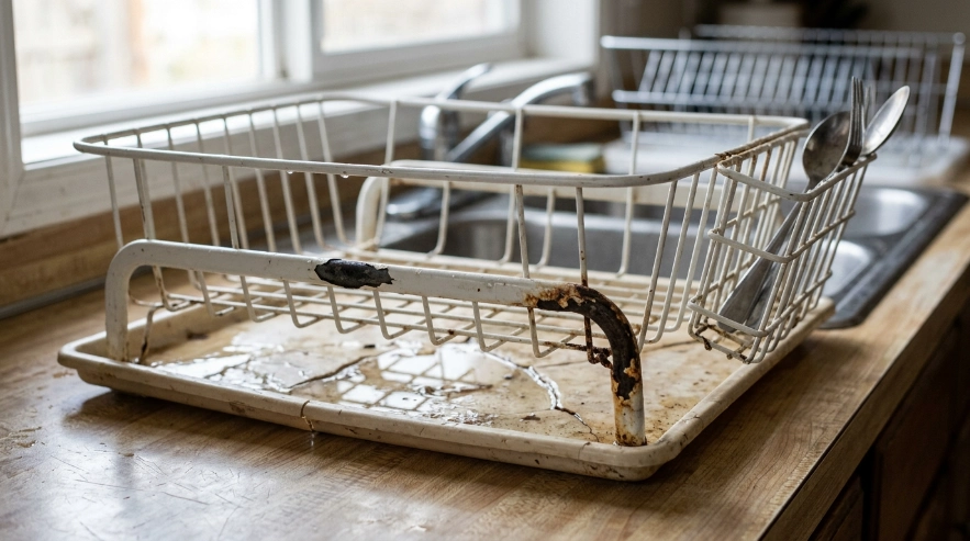 Damaged dish rack with cracked tray, corrosion, peeling coating, and trapped water