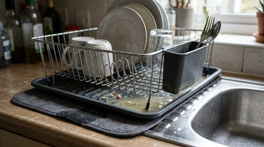 Dish rack with standing water and residue showing why poor drainage can reduce kitchen hygiene
