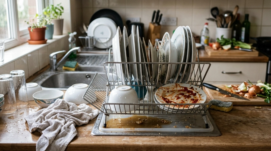Overcrowded dish rack with standing water and wet towel illustrating common hygiene mistakes