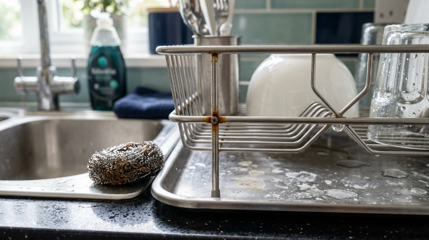 tainless steel dish rack showing moisture, salt residue, scratches, and rust near a screw.