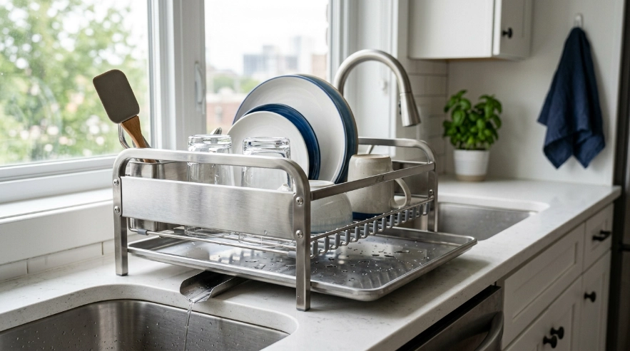 Rust-resistant stainless steel dish rack with drain spout, removable tray, and protected supports.