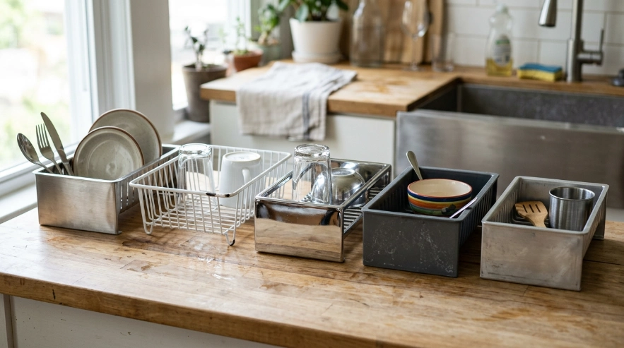 Stainless, coated steel, chrome, plastic, and aluminum dish racks compared for rust resistance