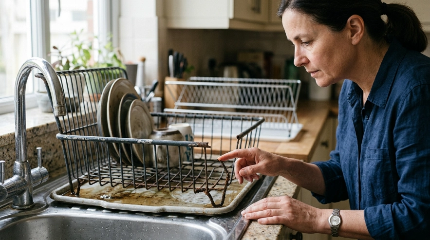 Rusty dish rack with pitting, peeling coating, weak welds, sharp edges, and trapped water