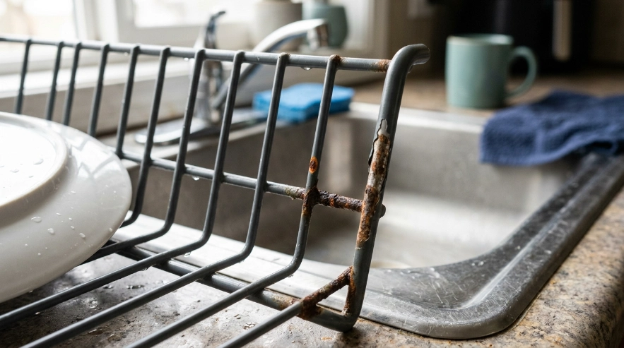 Rusty dish rack with peeling coating, corrosion, and pitted joints showing replacement warning signs