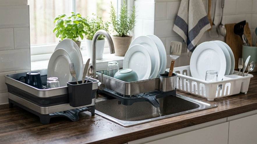 Three replacement dish rack styles including aluminum, steel-frame, and plastic designs