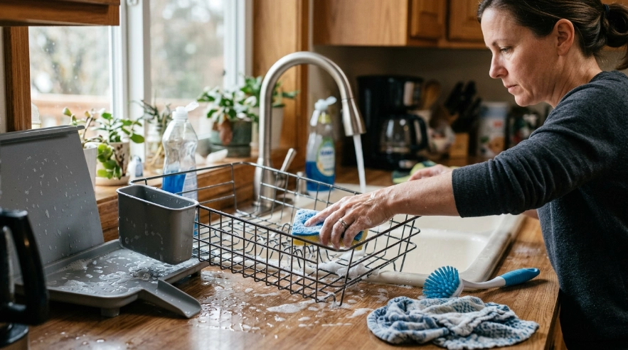 Homeowner washing a dish rack with warm soapy water and cleaning removable parts.