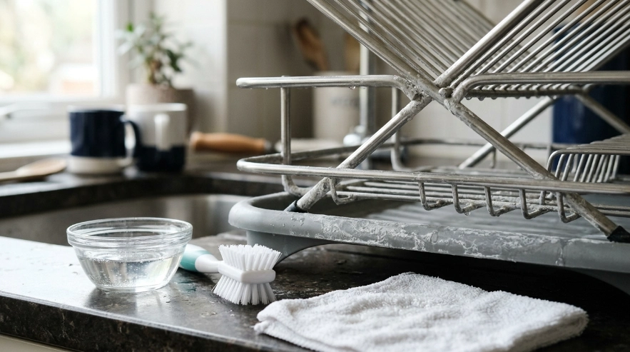 Mild dish soap, nylon brush, non-scratch sponge, and microfiber cloth beside a dish rack