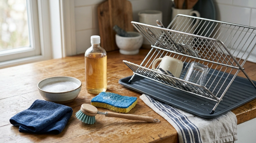 Person scrubbing removable dish rack parts with warm soapy water and a soft nylon brush