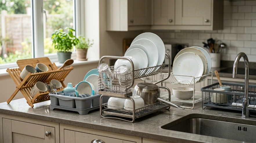 Stainless steel, aluminum, plastic, coated steel, and bamboo dish racks compared in a modern kitchen