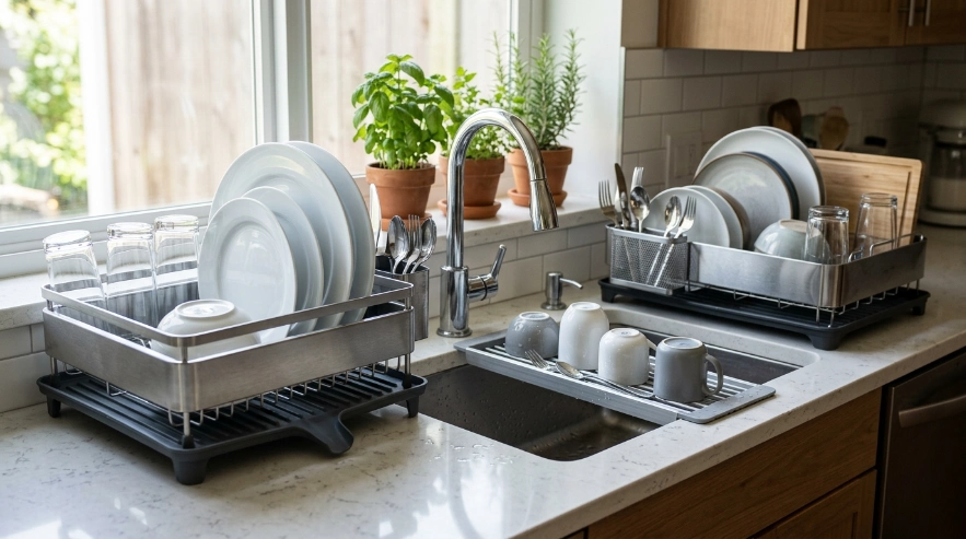 Steel-frame, aluminum over-sink, and expandable stainless steel dish racks