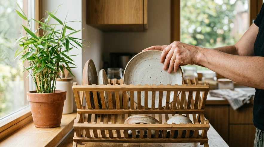 Hands placing a plate into a bamboo dish rack on a sunny kitchen counter.