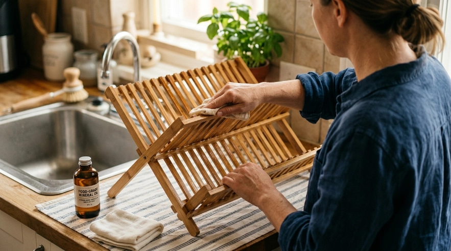 Hands applying mineral oil to a wooden dish rack during a care routine.