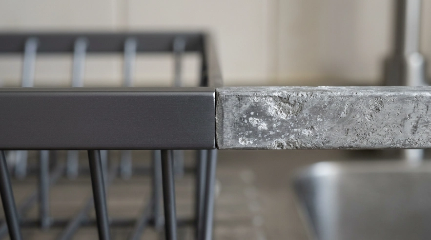 Close-up comparison of high-quality anodized aluminum versus a corroded low-quality aluminum alloy for dish racks.