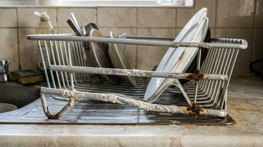 A damaged and corroded aluminum dish rack showing peeling coating and rust, indicating it's time for a replacement.