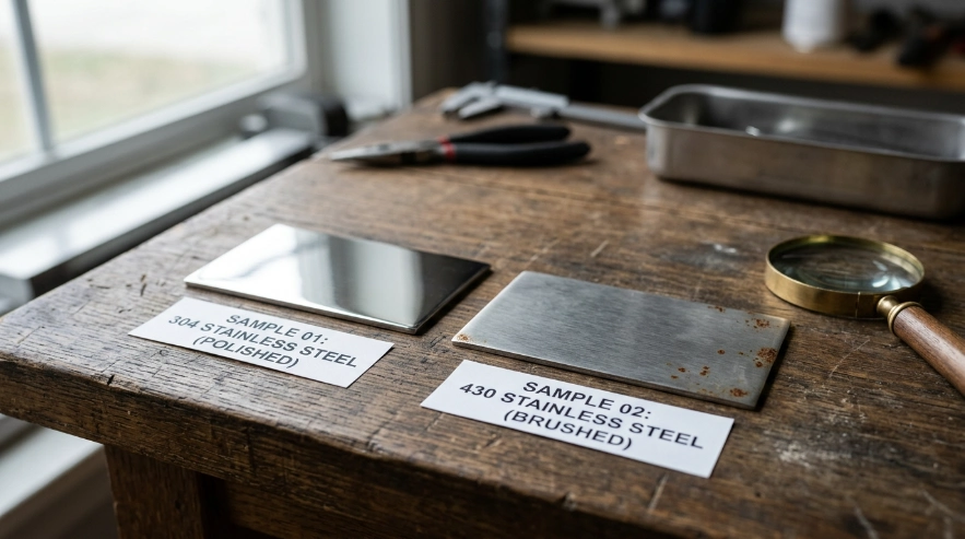 Close-up comparison of 304 and 430 stainless steel plates showing rust resistance differences