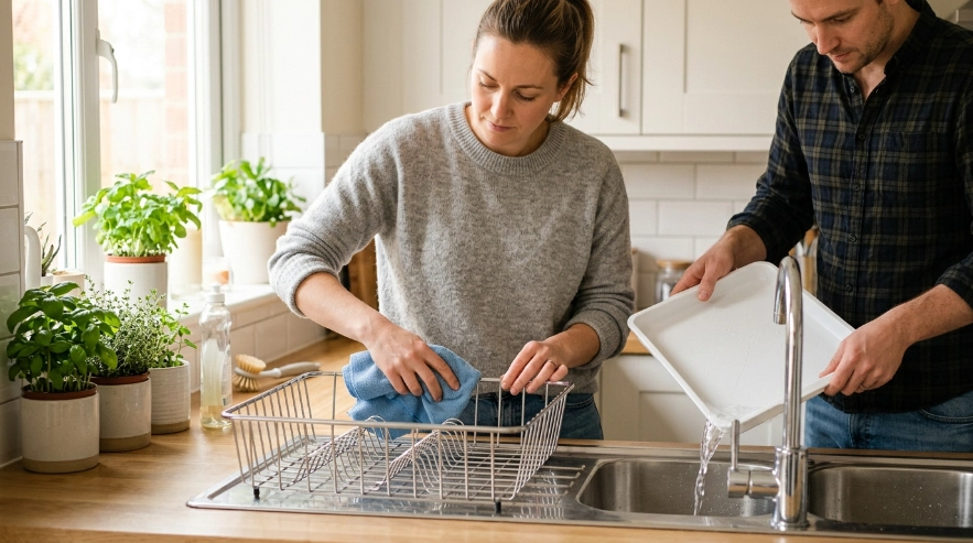 Person maintaining a stainless steel dish rack by wiping it dry and emptying the drip tray.